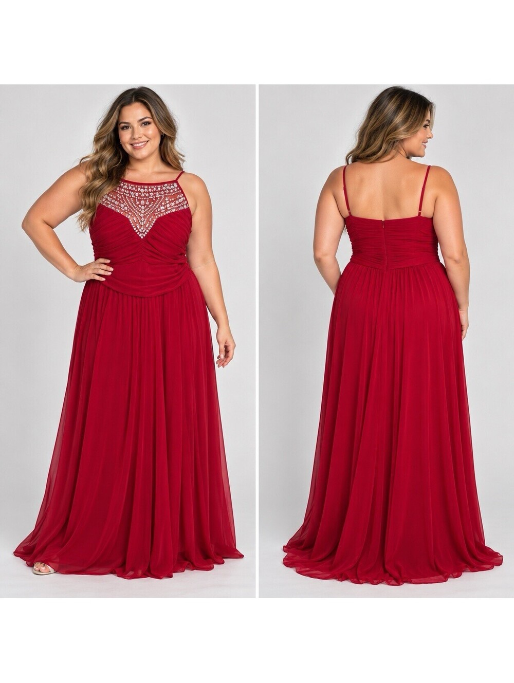 B. Darlin Plus Size Red Rhinestone Formal Maxi Gown Dress 14/15 NWT Prom Y2K